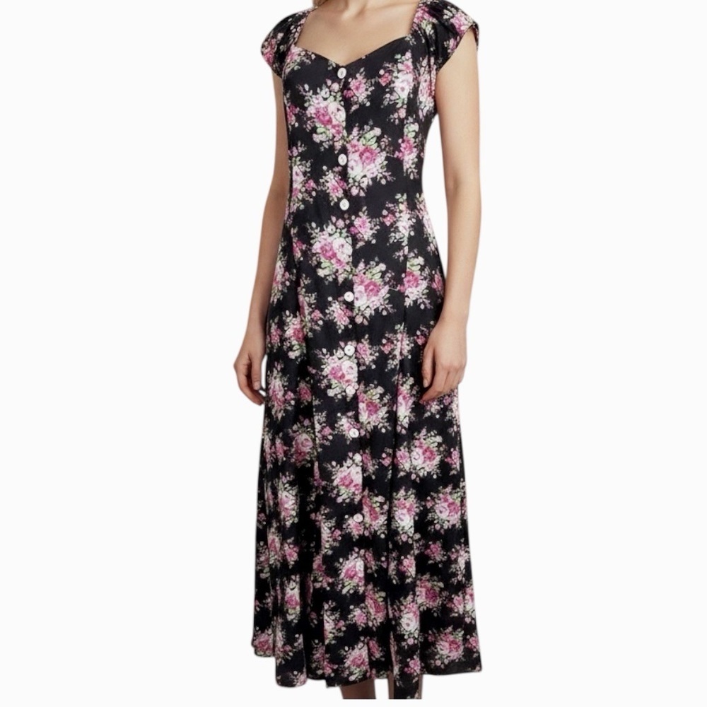 Dreams of Gauze Boho Artsy Cottagecore 80s 90s Floral Maxi Dress SZ M Black